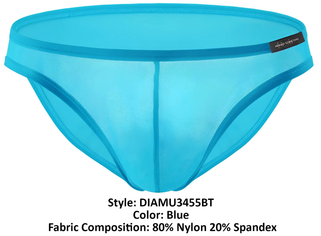 Bright blue sheer mesh briefs made from 80% nylon 20% spandex by private structure desire intima low rise bikini