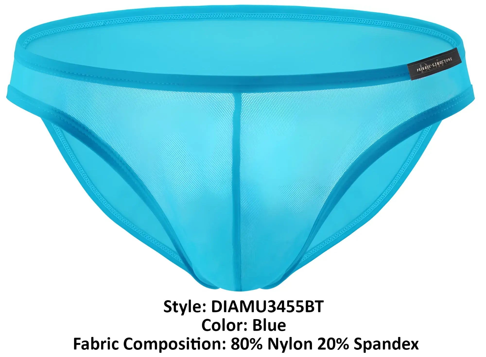 Bright blue sheer mesh briefs made from 80% nylon 20% spandex by private structure desire intima low rise bikini