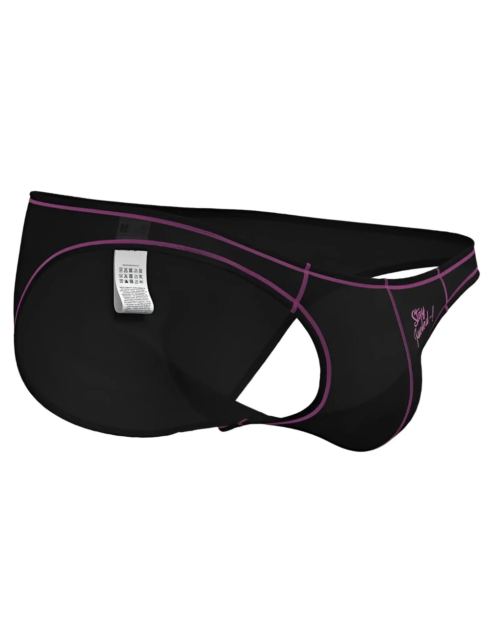 Black men’s briefs with purple trim and stry logo on the side in charcoal color by private structure prime eutopia bikini brief