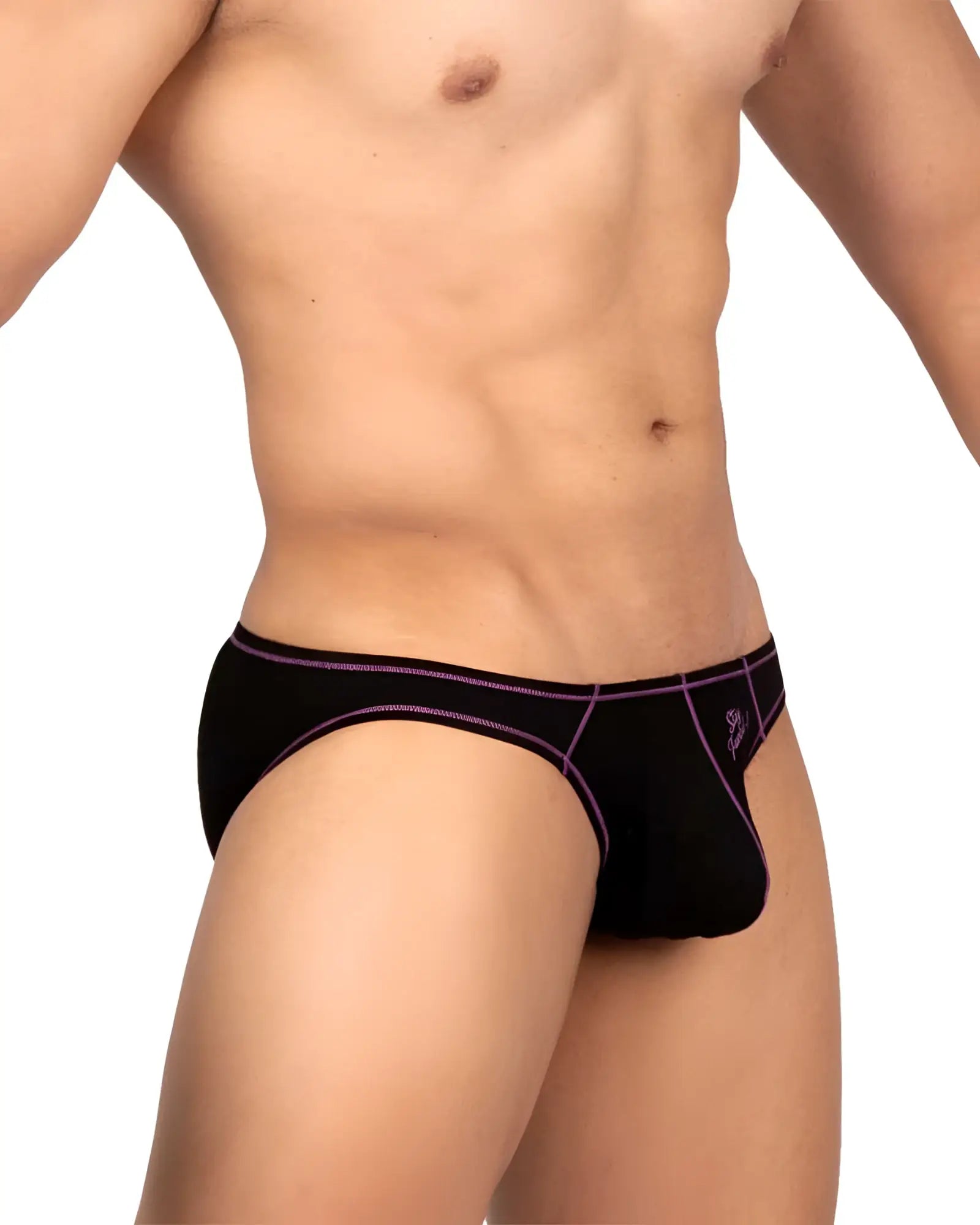 Private structure epus4563 prime eutopia charcoal bikini brief with purple trim and small side logo for men