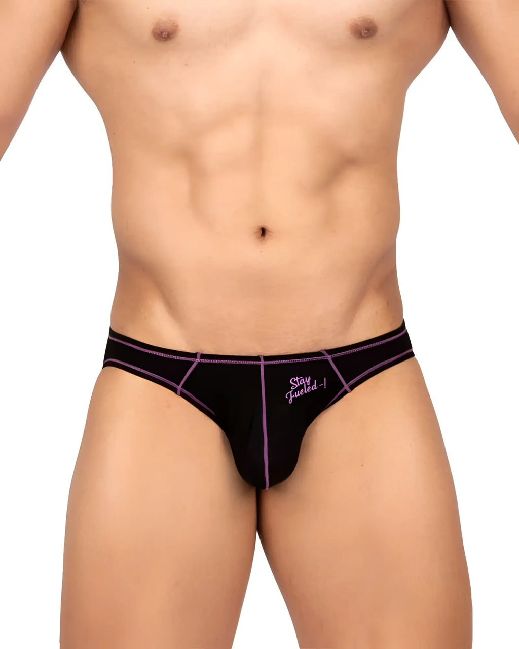 Black men’s briefs private structure prime eutopia bikini brief charcoal with purple trim and embroidered stay fueled text
