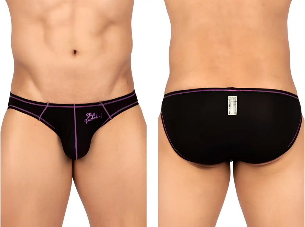 Black Private Structure EPUS4563 Prime Eutopia bikini briefs with purple trim and stay packed embroidered logo in charcoal