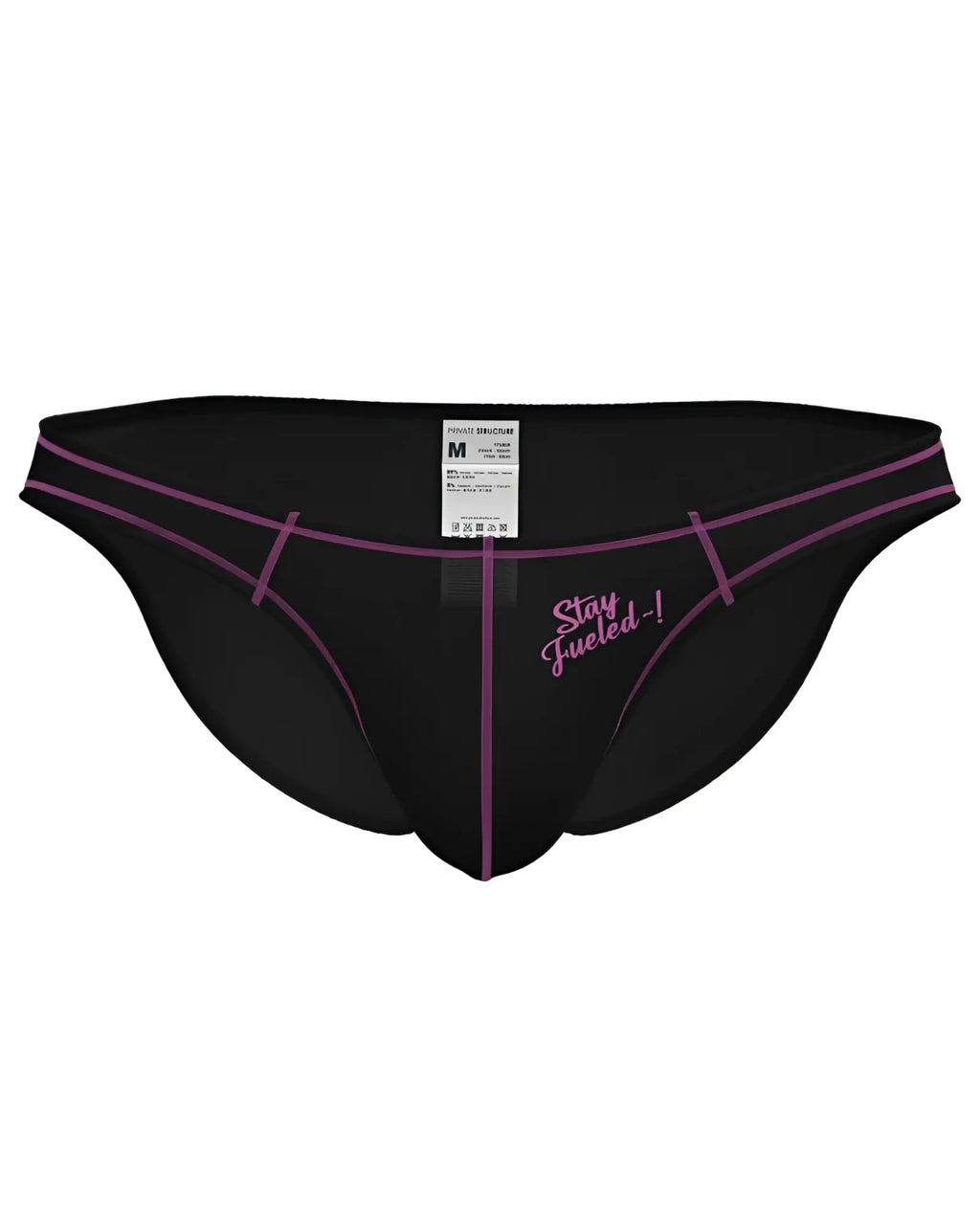 Black athletic briefs with purple trim and stay fueled embroidered slogan private structure eutopia bikini brief charcoal