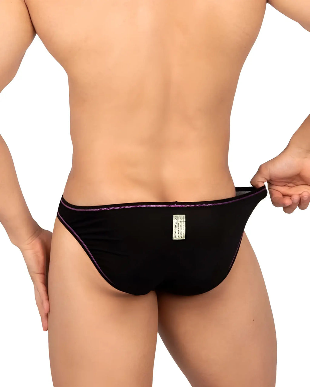 Black private structure prime eutopia bikini brief with subtle purple trim in charcoal color
