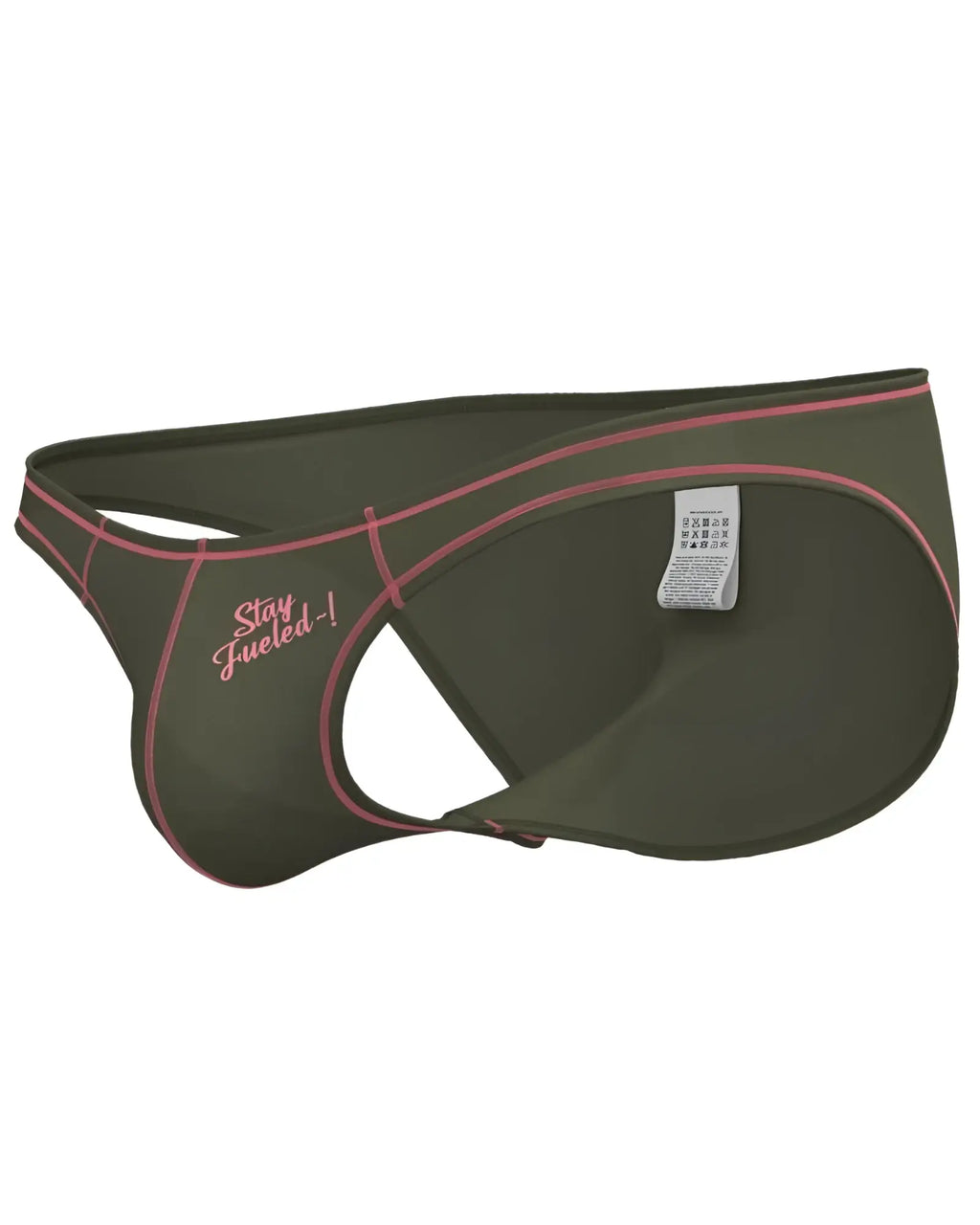 Olive green Private Structure EPUS4563 Prime Eutopia bikini briefs with pink stitching and stay fueled embroidered logo