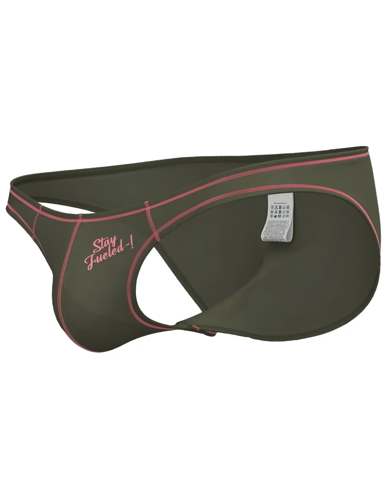 Olive green Private Structure EPUS4563 Prime Eutopia bikini briefs with pink stitching and stay fueled embroidered logo