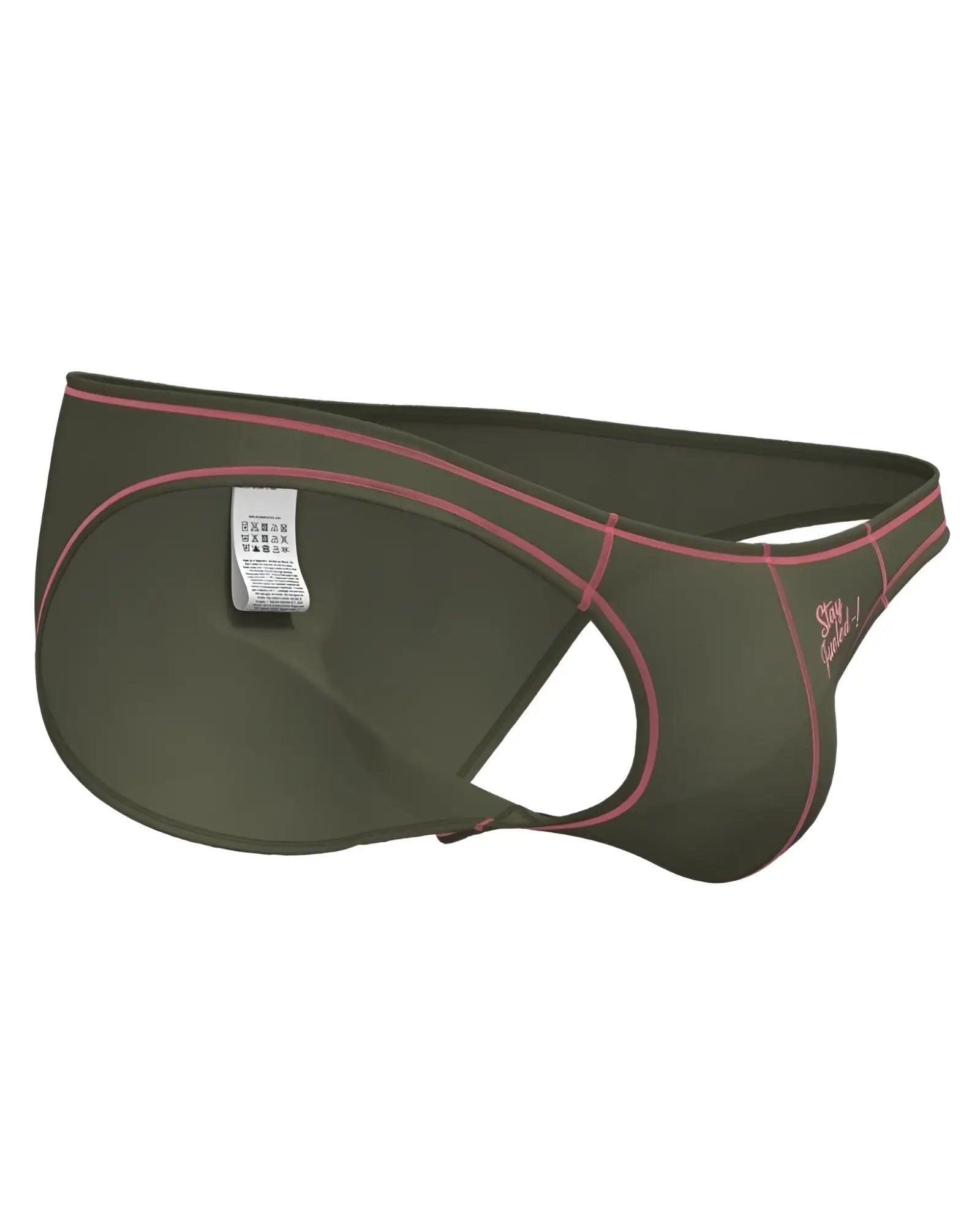 Olive green men’s briefs with pink stitching and stay fabulous logo by private structure model epus4563 prime eutopia bikini brief
