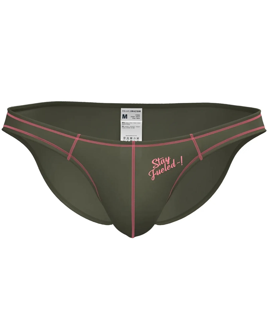 Olive green private structure epus4563 prime eutopia bikini brief with pink stitching and stay fueled embroidery