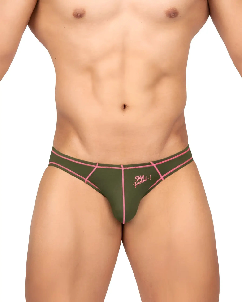 Olive green private structure prime eutopia bikini briefs with pink geometric trim and stay focused embroidered logo