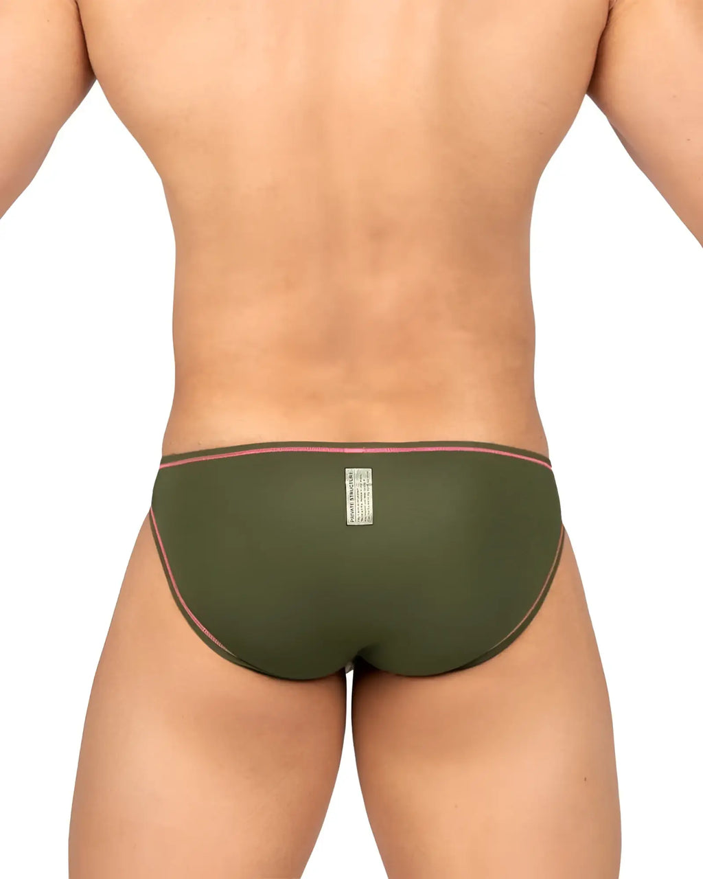 Private structure epus4563 prime eutopia bikini brief in olive with pink trim and back label shown from the back side