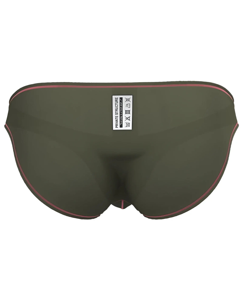 Olive green Private Structure EPUS4563 Prime Eutopia bikini brief swim trunks with pink trim and white care label