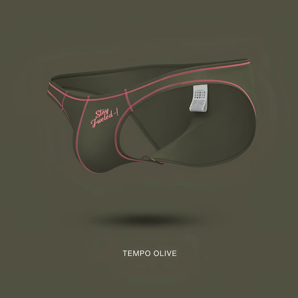 Olive green private structure epus4563 prime eutopia bikini brief with pink stitching and stay fueled embroidered slogan