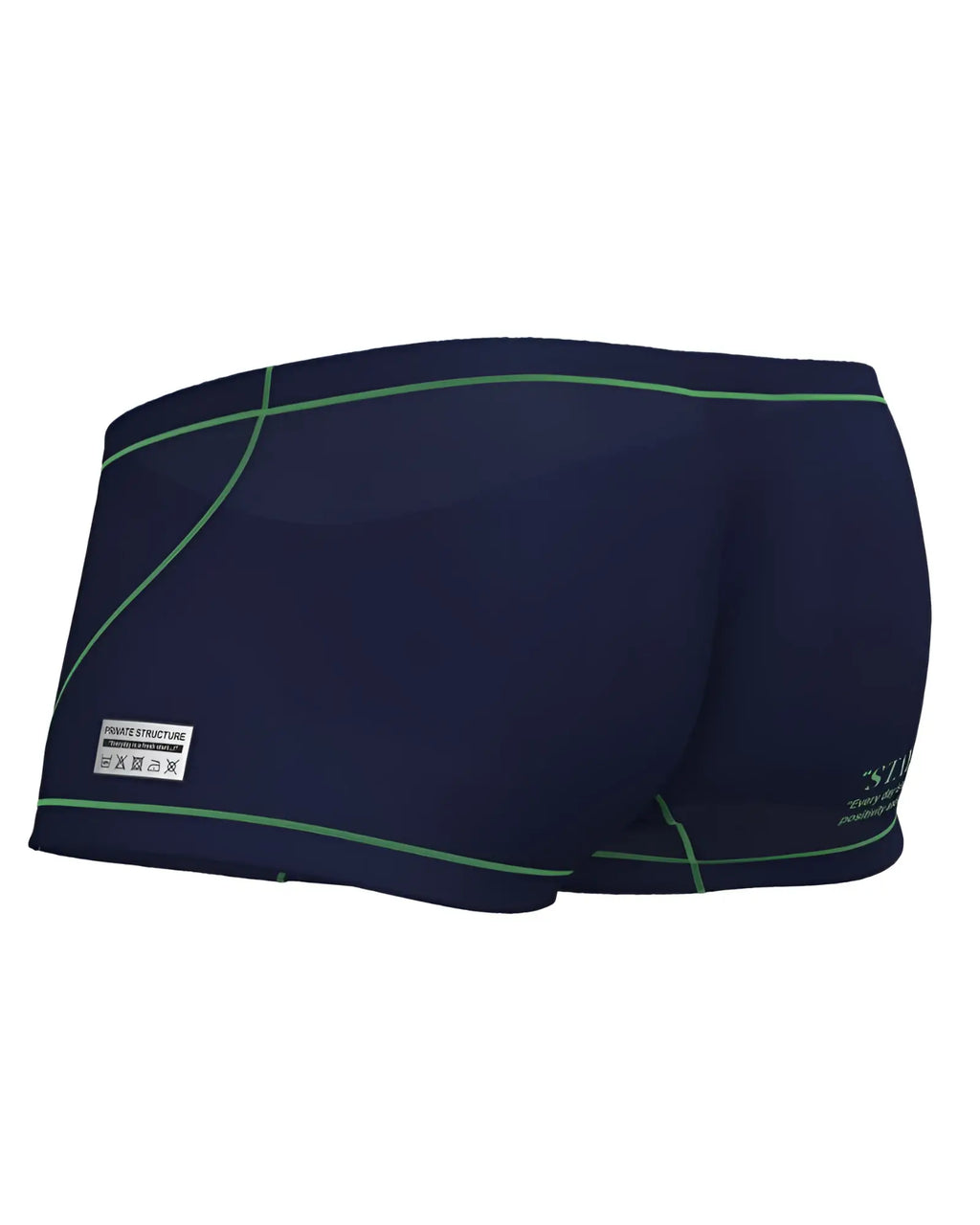 Dark navy private structure swim trunks with green stitching and small white brand label on the side