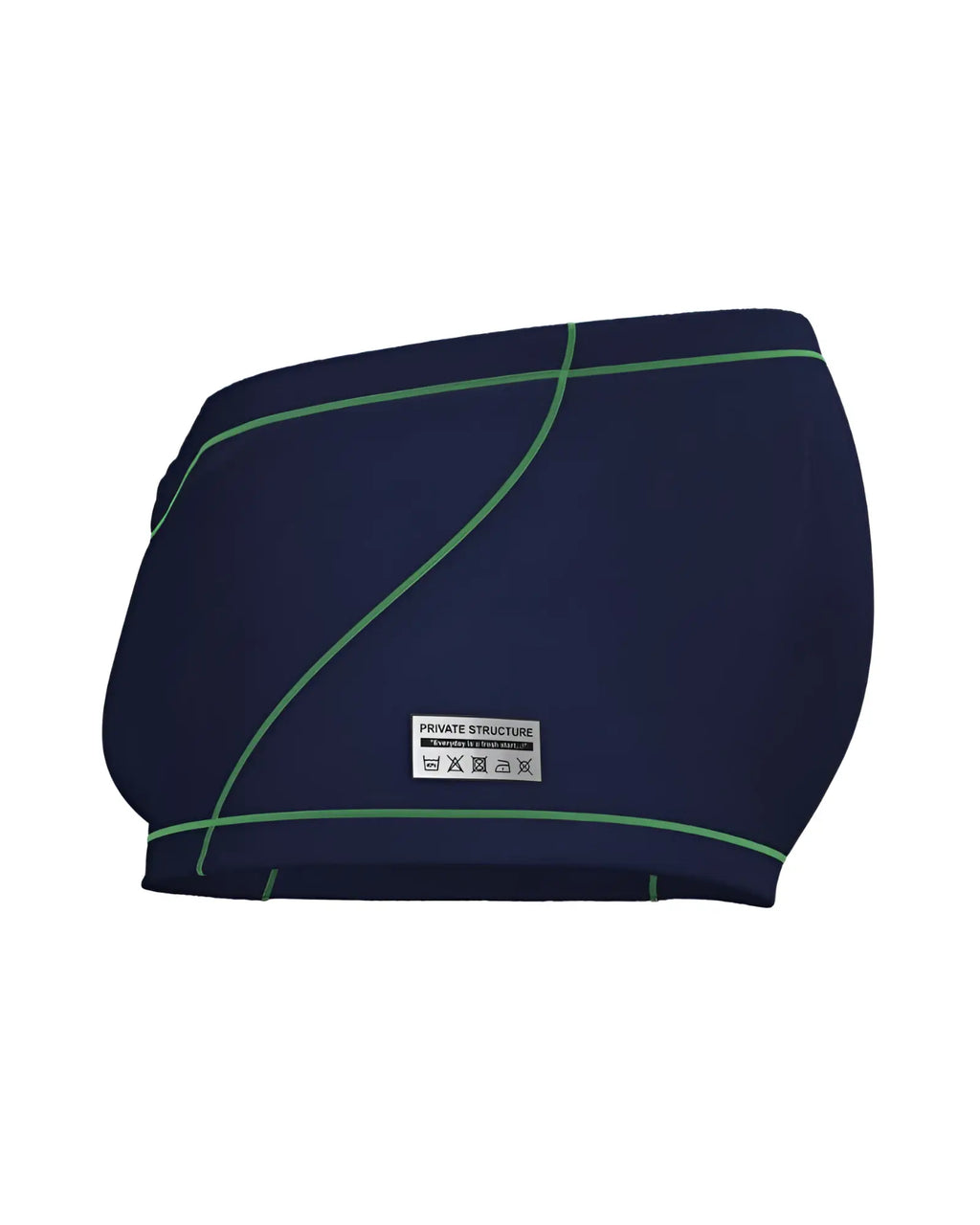 Dark blue private structure swim trunks with green stitching and brand label in prime elysian hipster style