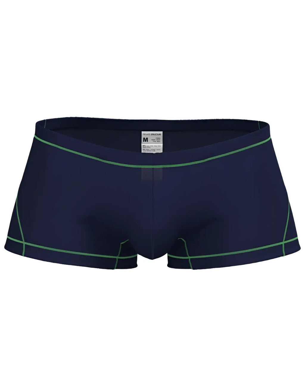 Navy blue private structure epus4570 prime elysian hipster swim trunks with green stitching details