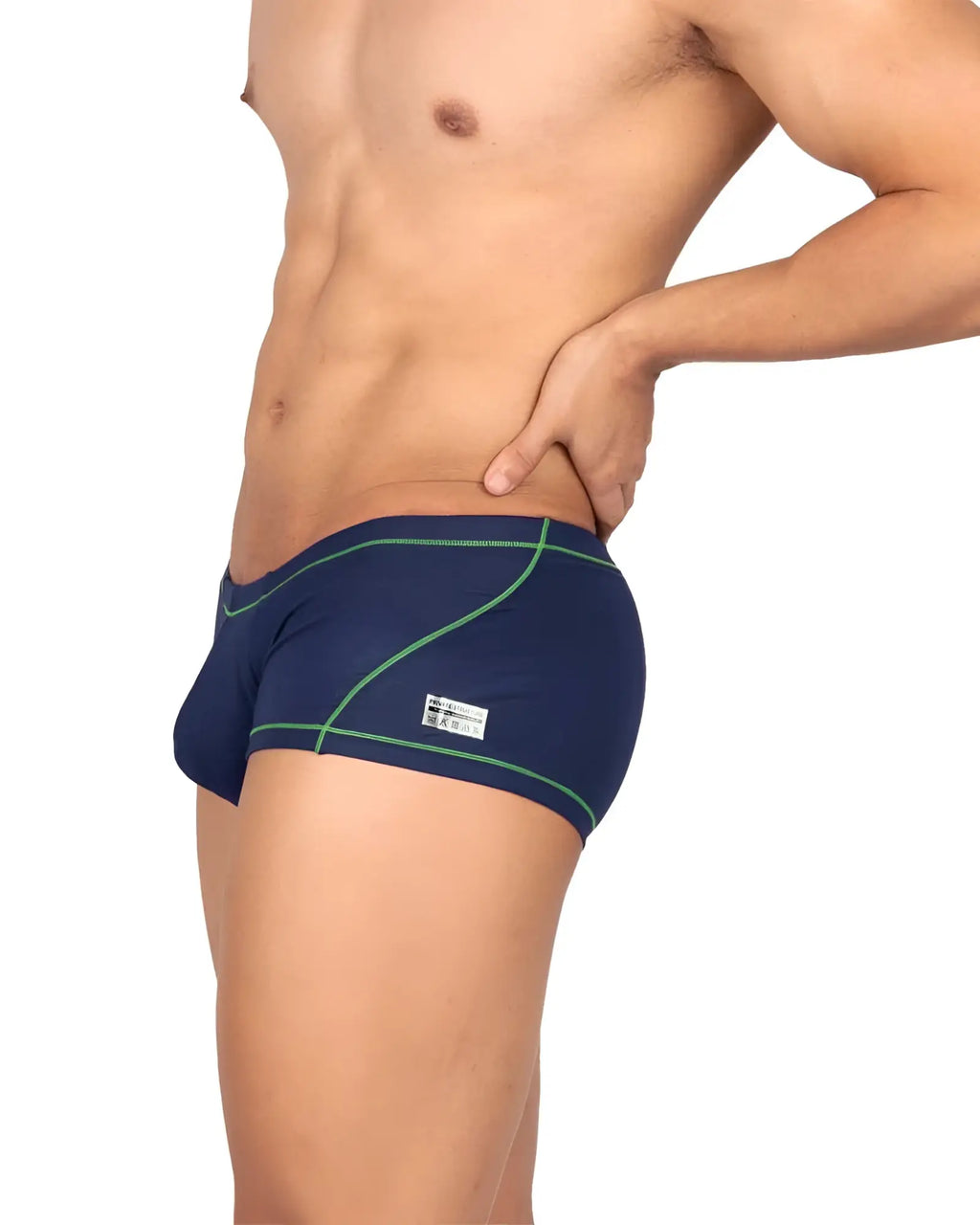 Navy blue private structure epus4570 prime elysian hipster swim trunks with green stitching and white brand tag