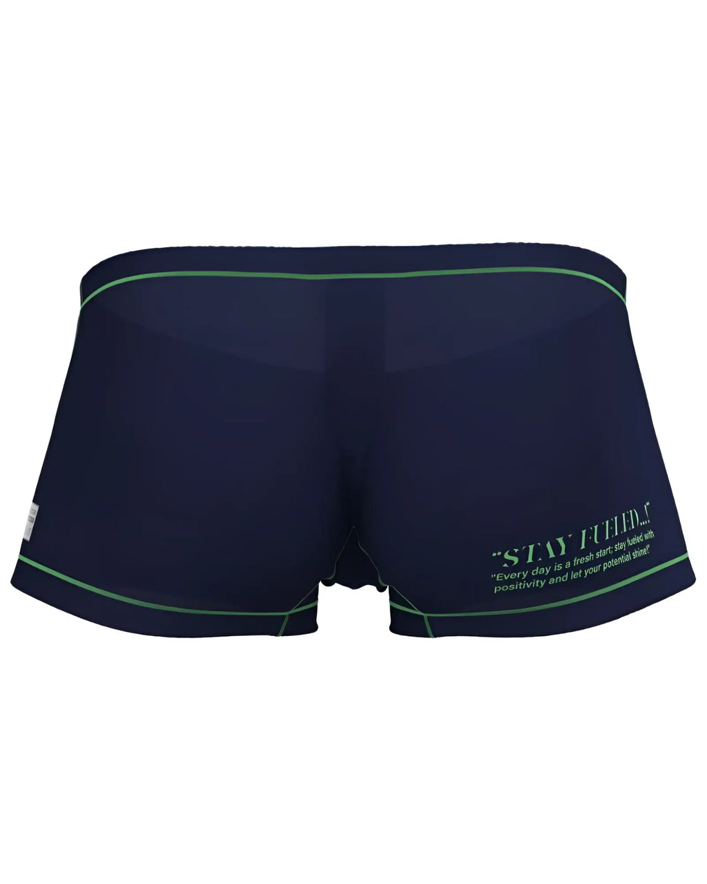 Navy blue private structure epus4570 prime elysian hipster swim trunks with green trim and motivational quote on side