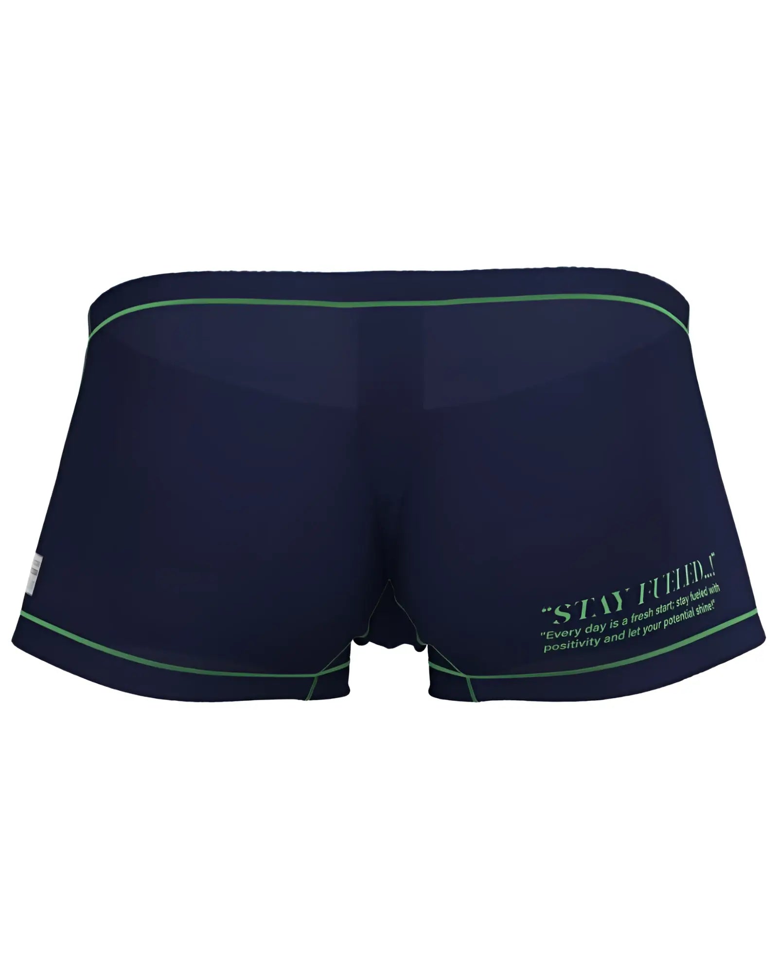 Navy blue private structure epus4570 prime elysian hipster swim trunks with green trim and motivational quote on side