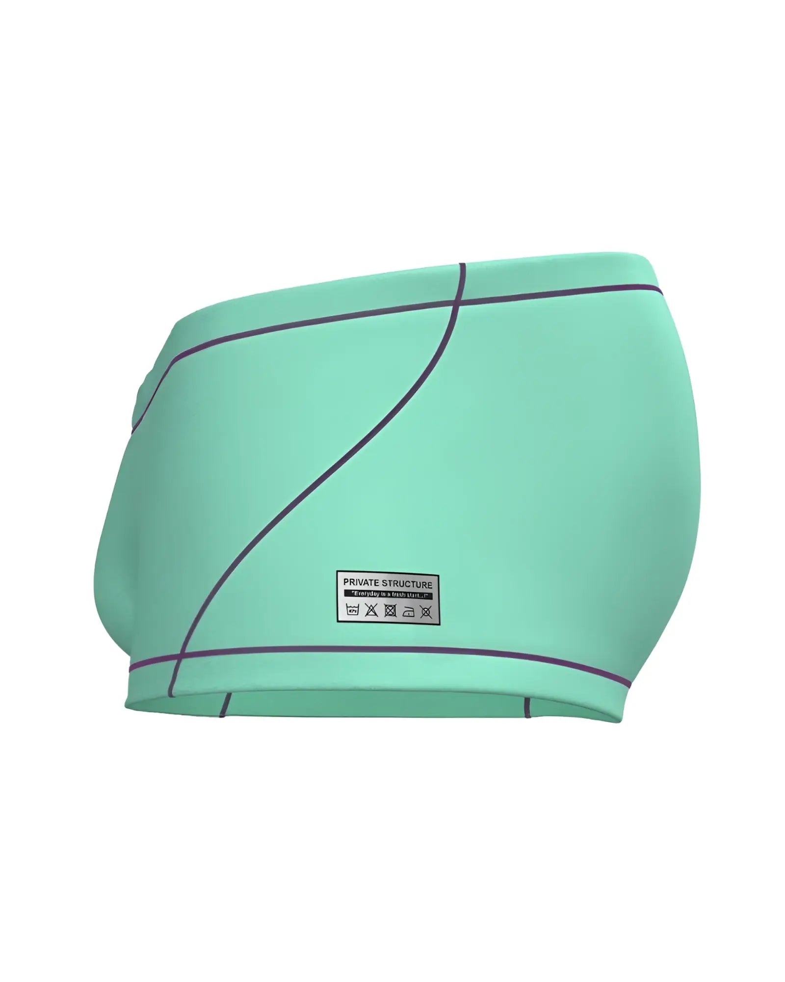 Mint green private structure swim trunks with black stitching and logo label in cyan hipster style
