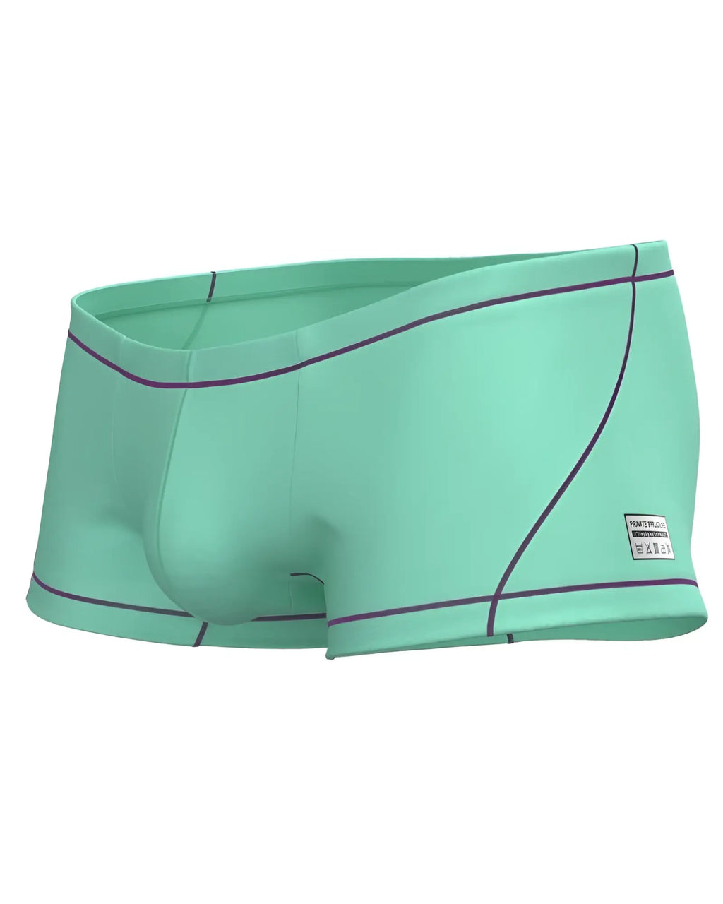 Mint green private structure epus4570 prime elysian hipster swim trunks with purple stitching and a side brand label