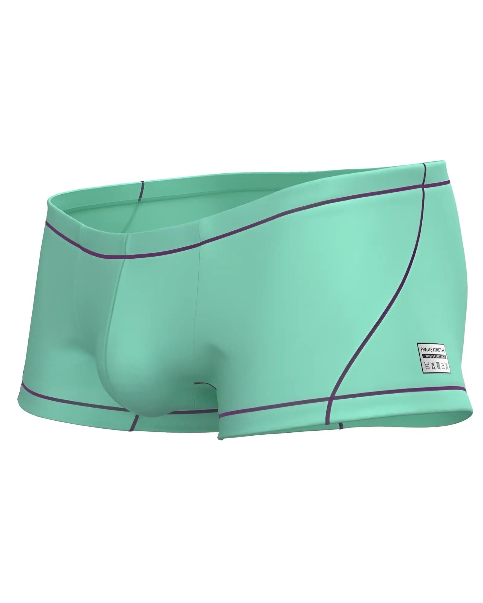 Mint green private structure epus4570 prime elysian hipster swim trunks with purple stitching and a side brand label