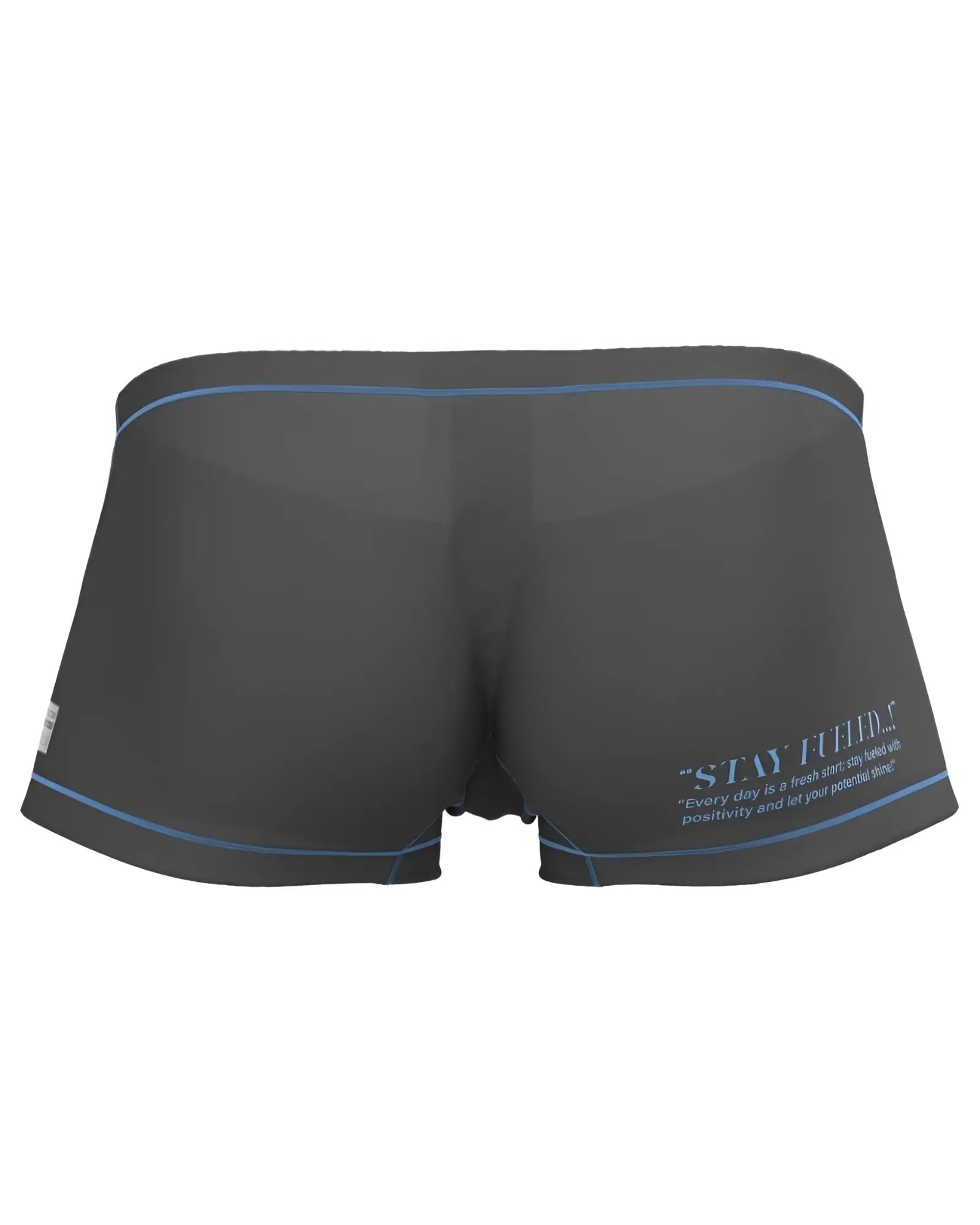 Dark gray private structure EPUS4570 prime elysian hipster briefs with light blue trim and motivational quote on the side