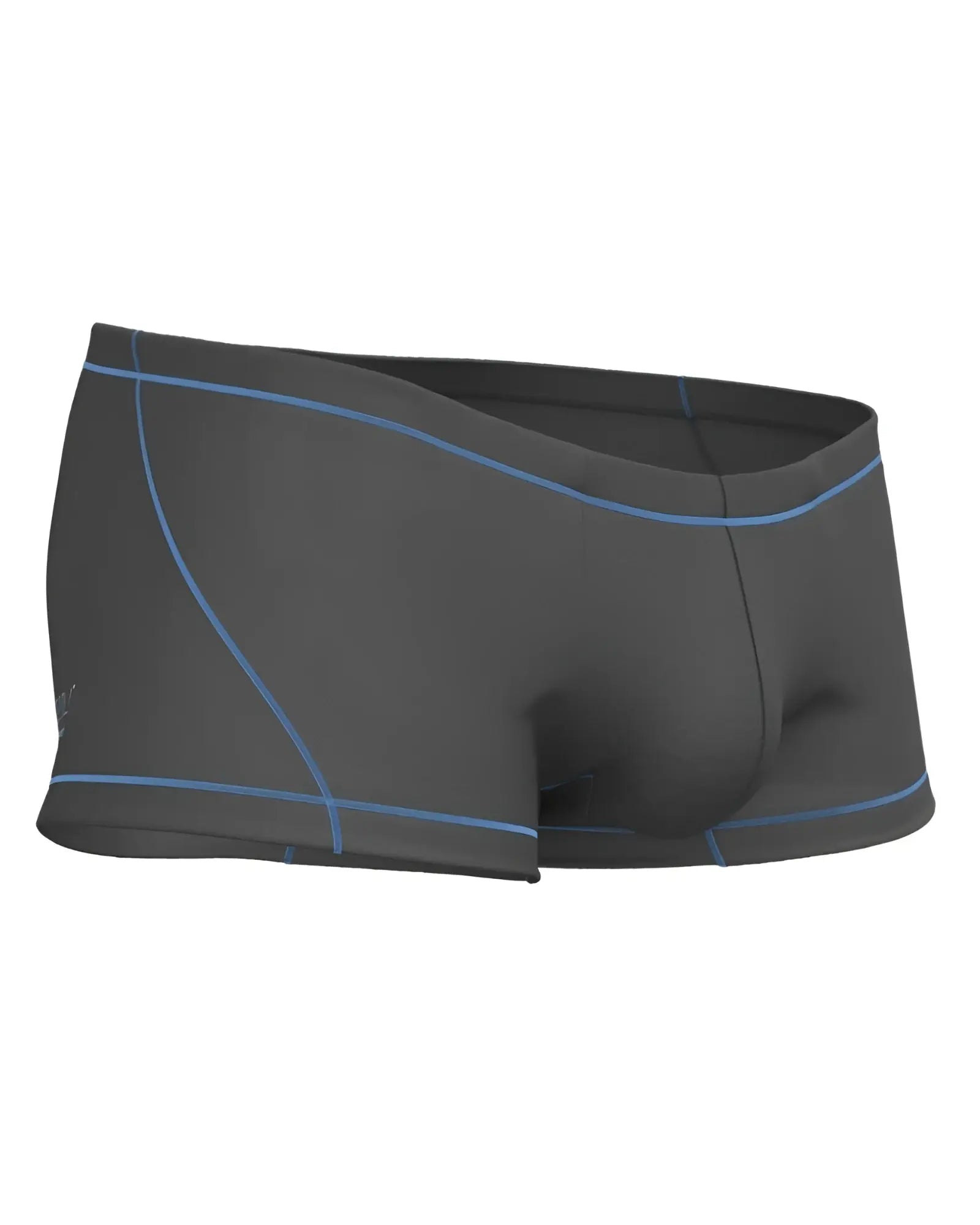 Dark gray Private Structure EPUS4570 Prime Elysian hipster swim trunks with light blue stitching on waistband and legs