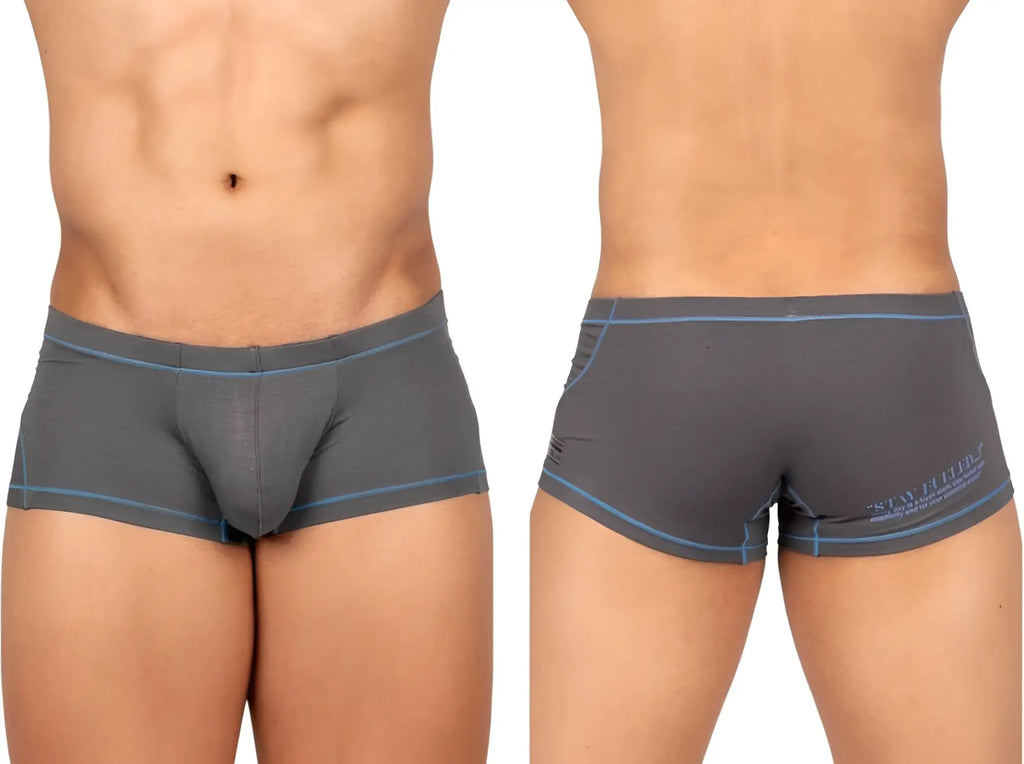 Gray men’s hipster briefs with light blue trim and subtle logo on the back by private structure prime elysian