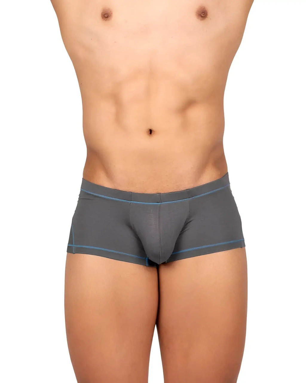 Gray men’s briefs private structure epus4570 prime elysian hipster with subtle blue trim on waistband and leg openings