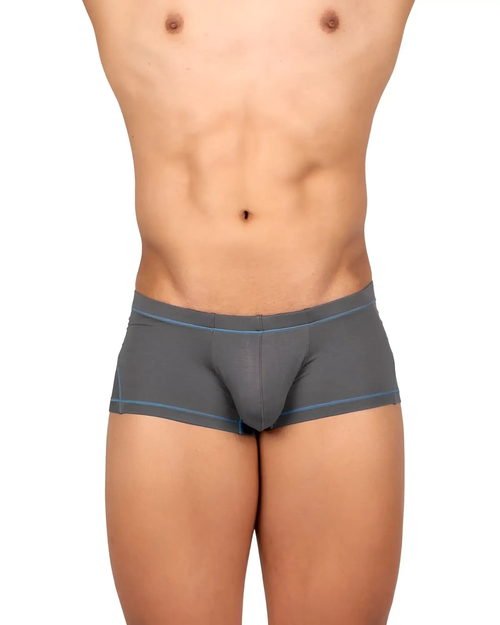 Gray men’s briefs private structure epus4570 prime elysian hipster with subtle blue trim on waistband and leg openings