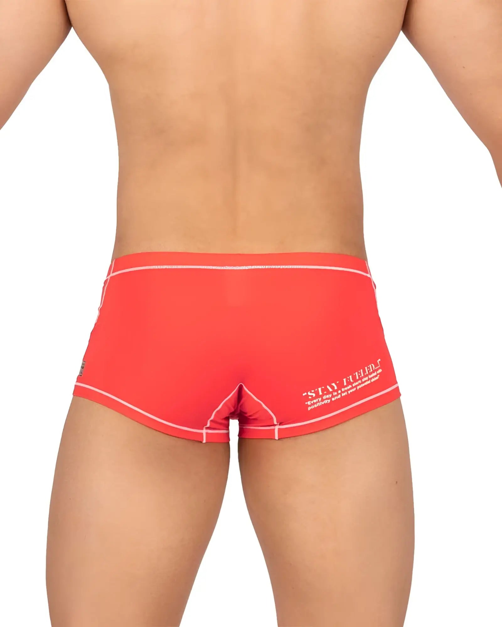 Bright red private structure epus4570 prime elysian hipster swim trunks with white trim and stay fueled slogan on back side