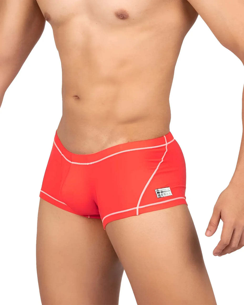 Bright red private structure epus4570 prime elysian hipster swim trunks with white stitching and brand tag on the side
