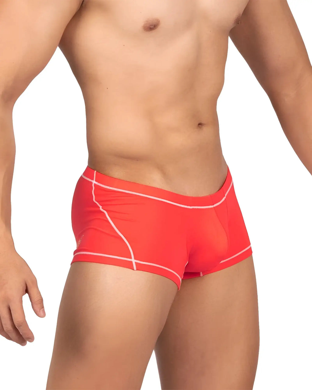 Bright red Private Structure epus4570 prime elysian hipster swim trunks with white stitching on waistband and leg seams