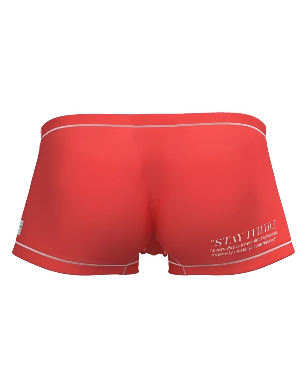 Private structure epus4570 prime elysian hipster red swim trunks with white trim and motivational quote on the side