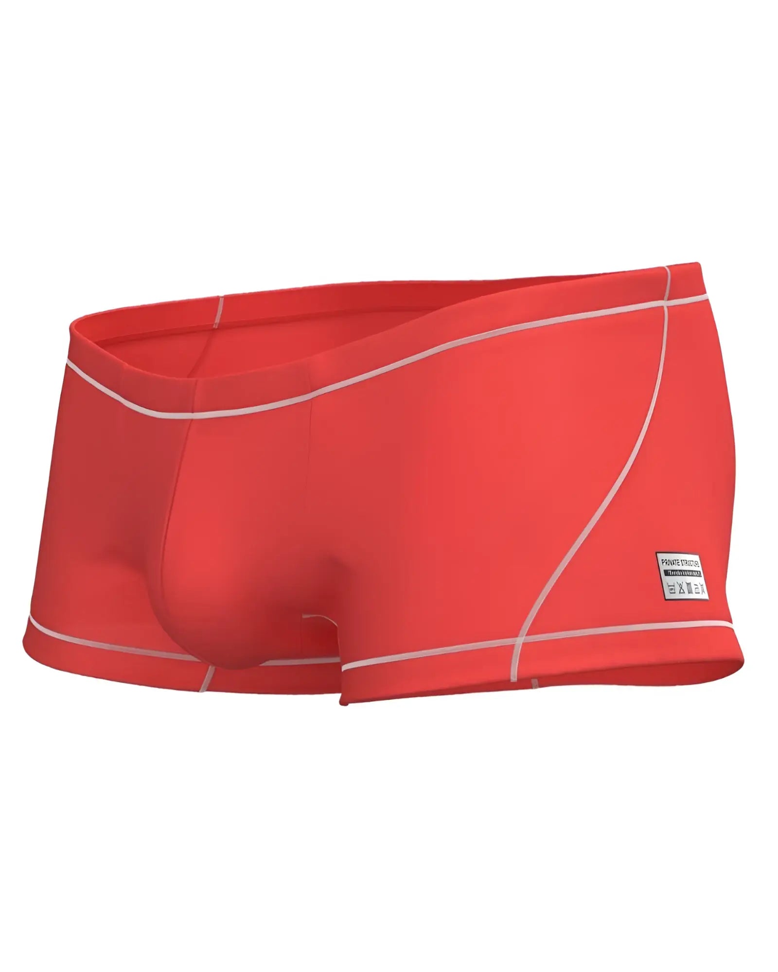 Red swim trunks with white stitching and a small Private Structure brand label on the side for casual beachwear