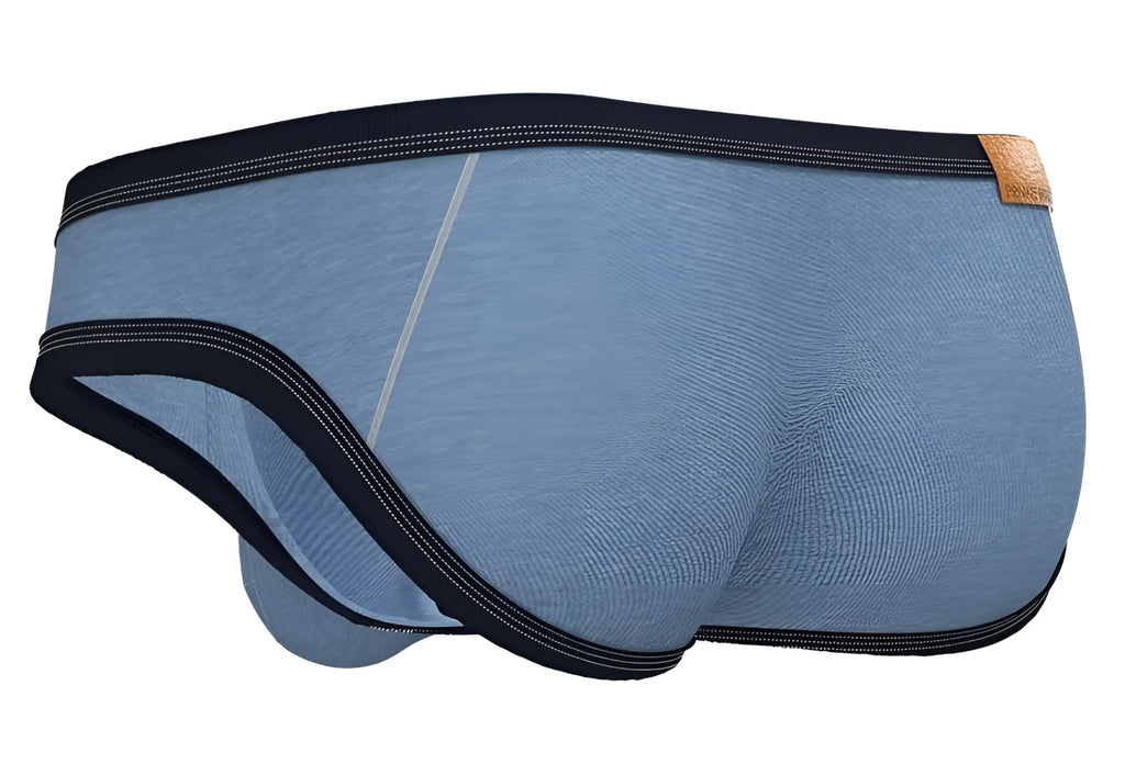 Blue heathered denim private structure barn boy low rise mini briefs with black trim and a tan leather tag