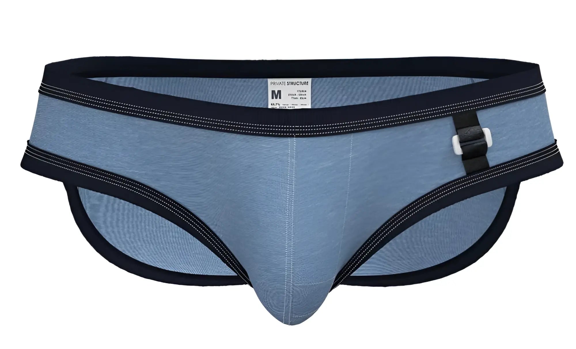 Private Structure Barn Boy low rise mini briefs in blue denim style with black trim and white buckle closure