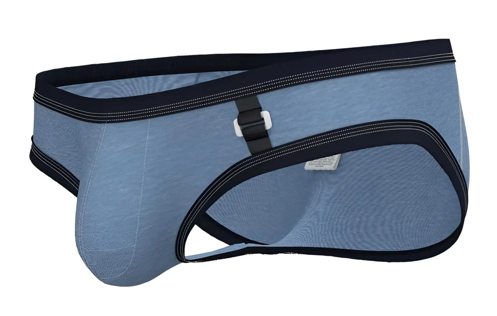 Private structure lcct4358 barn boy low rise mini briefs in denim blue denim with black trim and white plastic buckle
