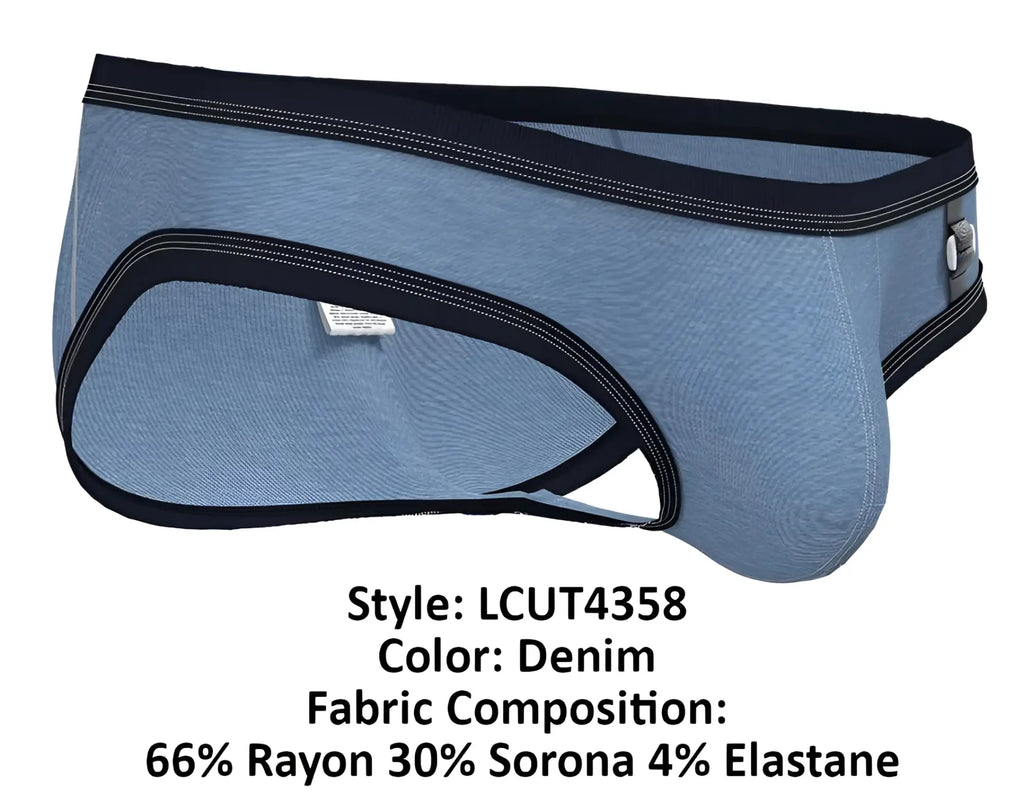 Denim-colored men’s low rise mini briefs with black trim and a silver-toned buckle on the side by private structure