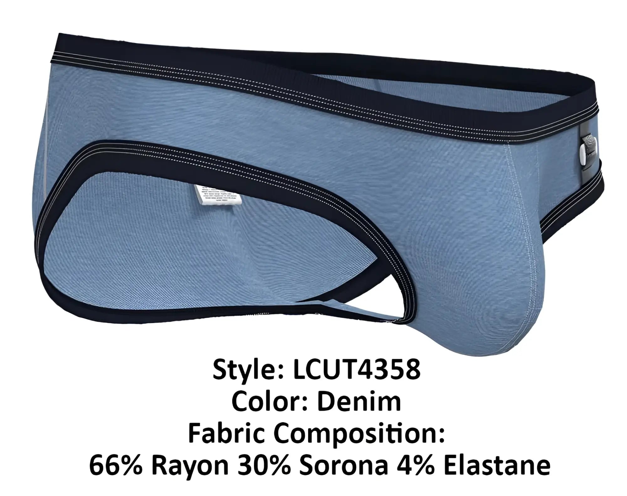 Denim-colored men’s low rise mini briefs with black trim and a silver-toned buckle on the side by private structure