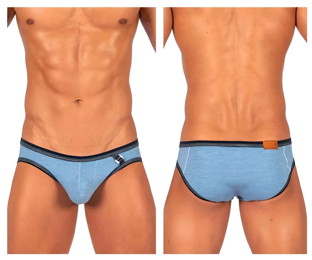 Light blue textured private structure barn boy low rise mini briefs with black trim and a side metallic buckle