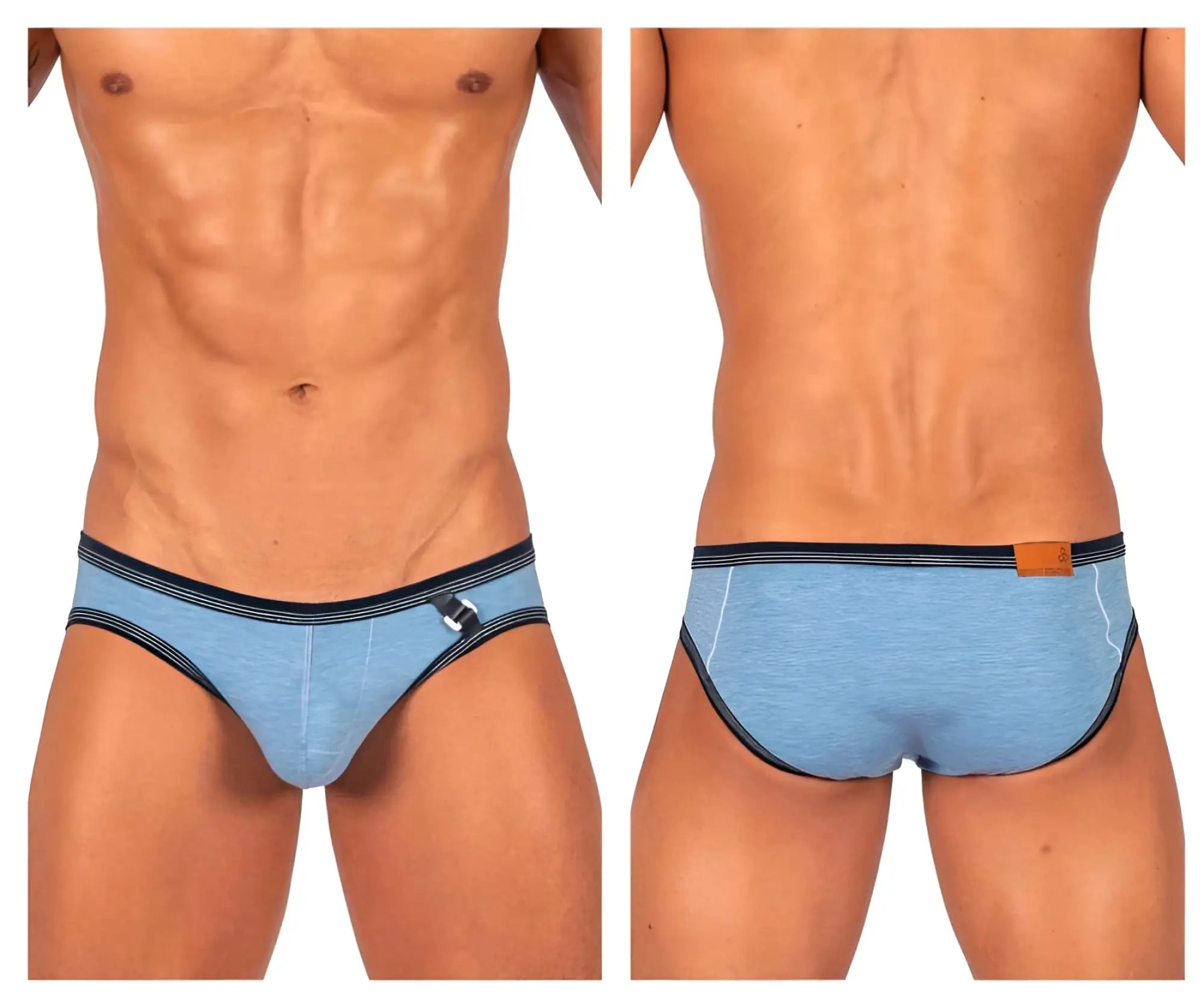Light blue textured private structure barn boy low rise mini briefs with black trim and a side metallic buckle