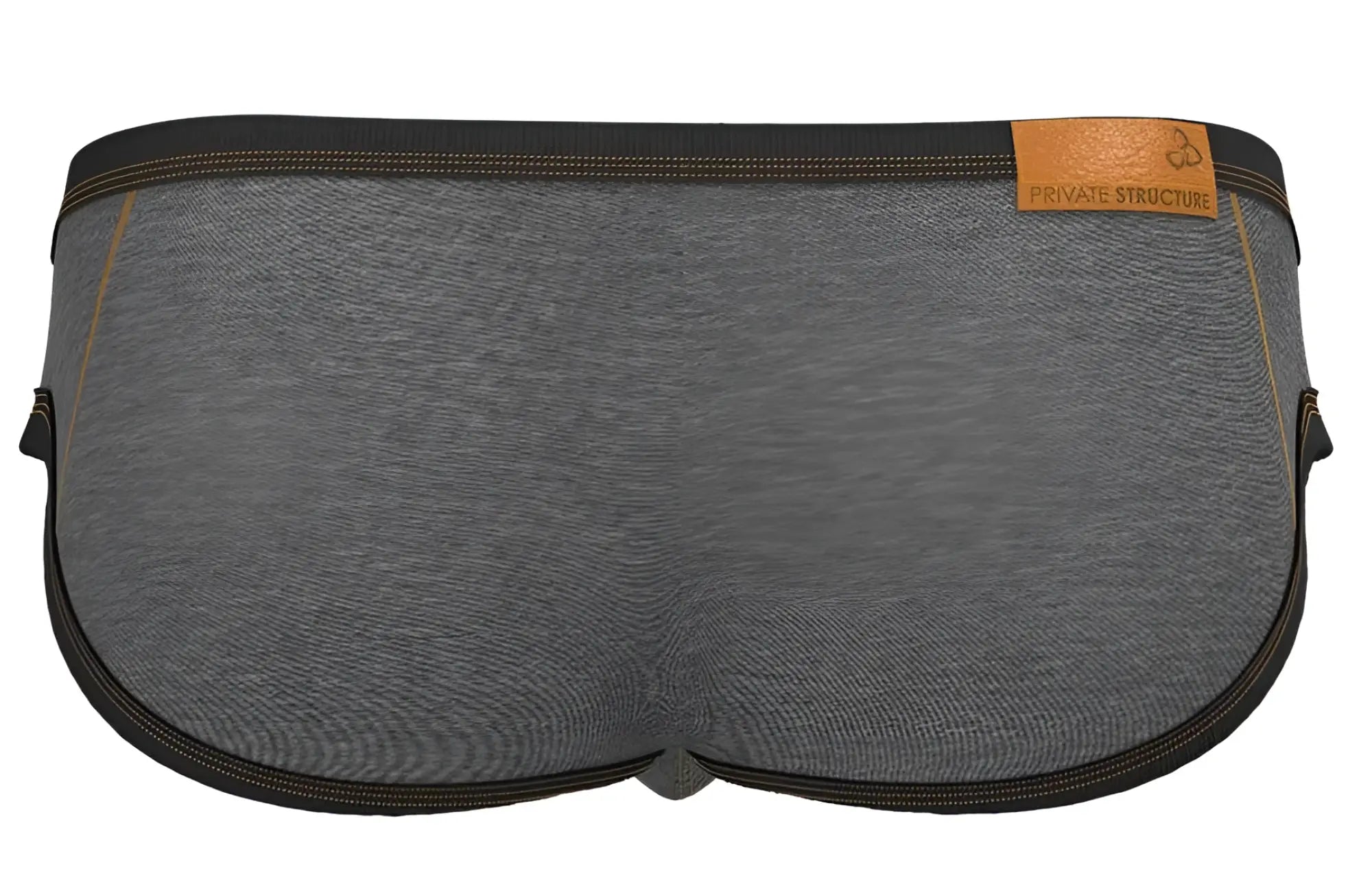 Gray heathered fabric barn boy low rise mini briefs with black trim and tan leather brand tag by private structure