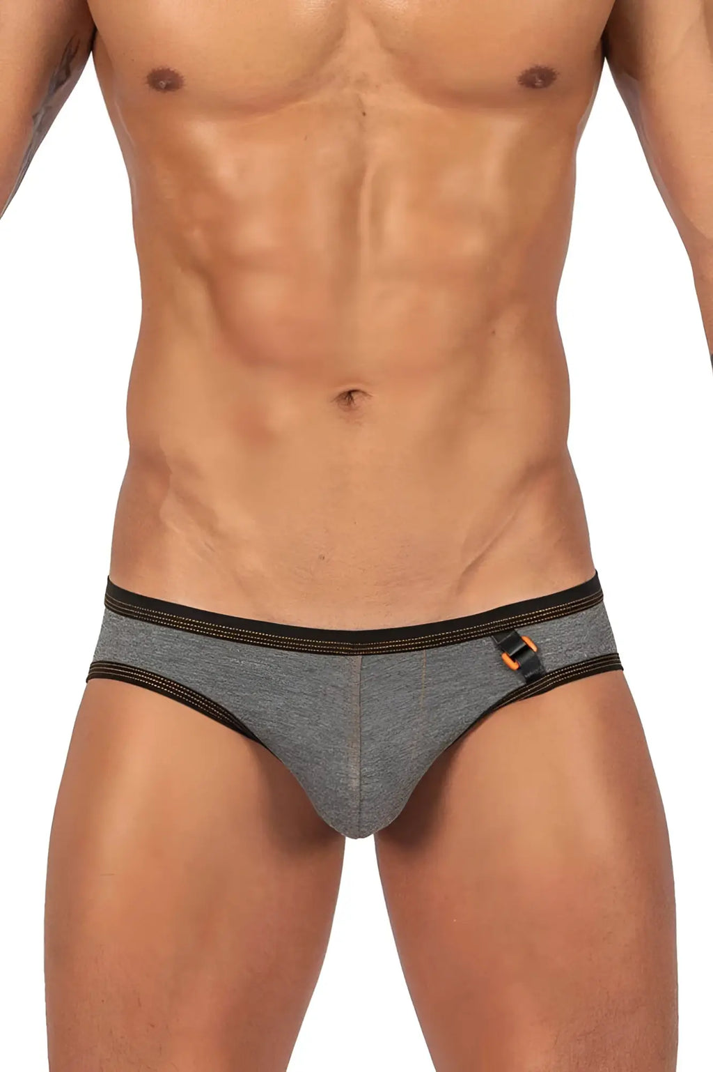 Private Structure LCUT4358 Barn Boy low rise mini briefs in stone gray gray heathered fabric with black trim and orange buckle detail