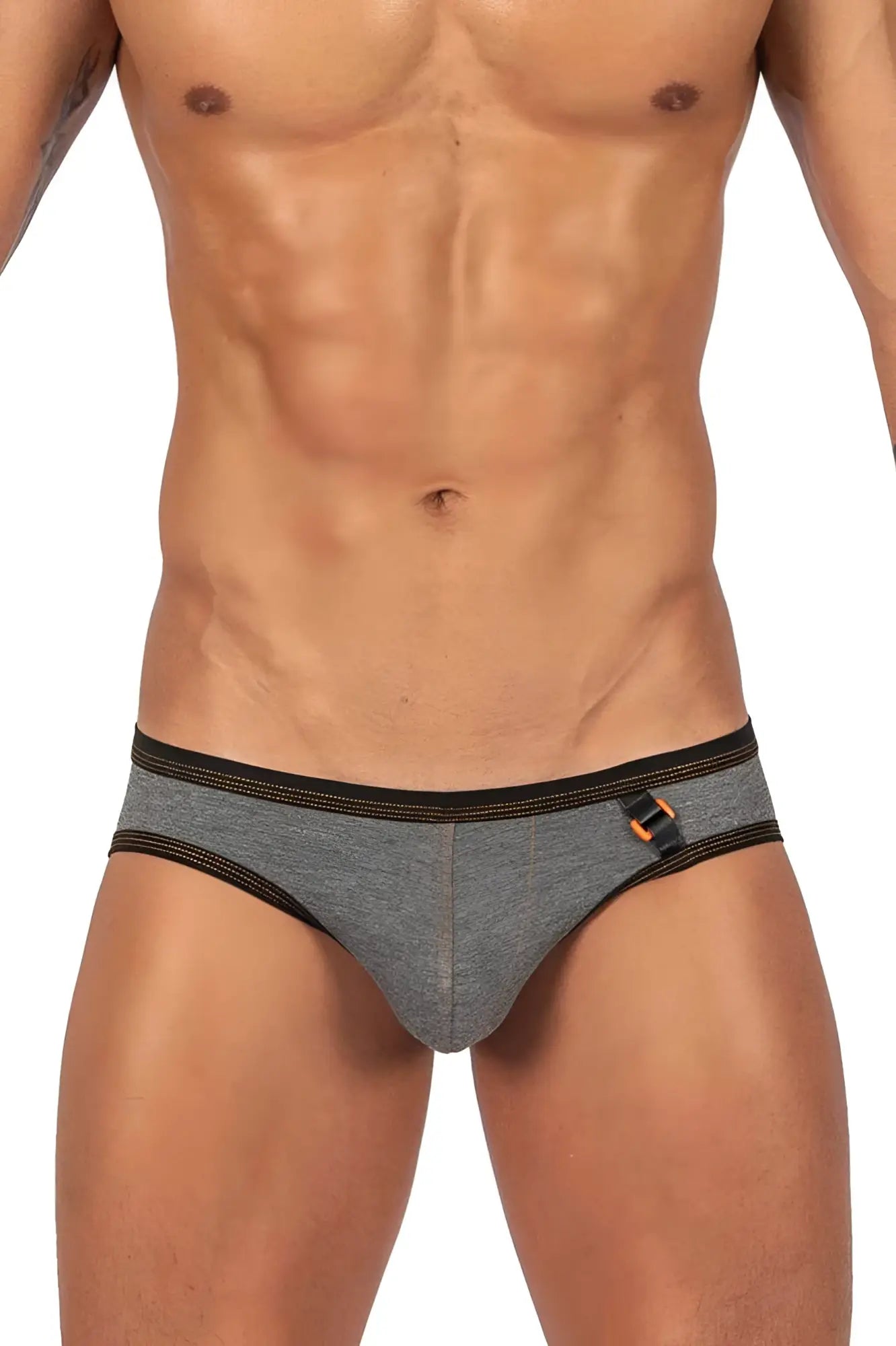 Private Structure LCUT4358 Barn Boy low rise mini briefs in stone gray gray heathered fabric with black trim and orange buckle detail