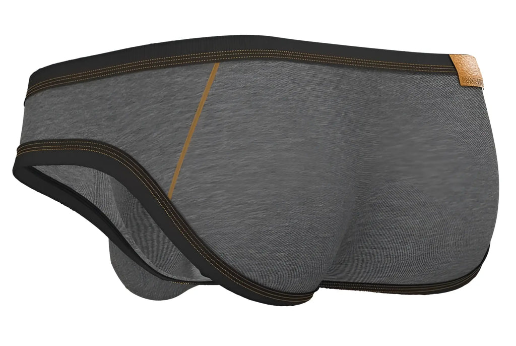 Private Structure Lcut4358 barn boy low rise mini briefs in stone gray heather with black trim and tan stitching