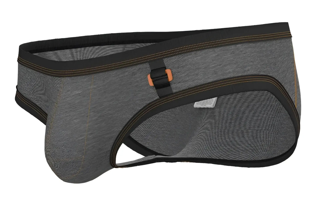 Private structure LCUT4358 barn boy low rise mini brief in stone gray textured fabric with black trim and orange buckle