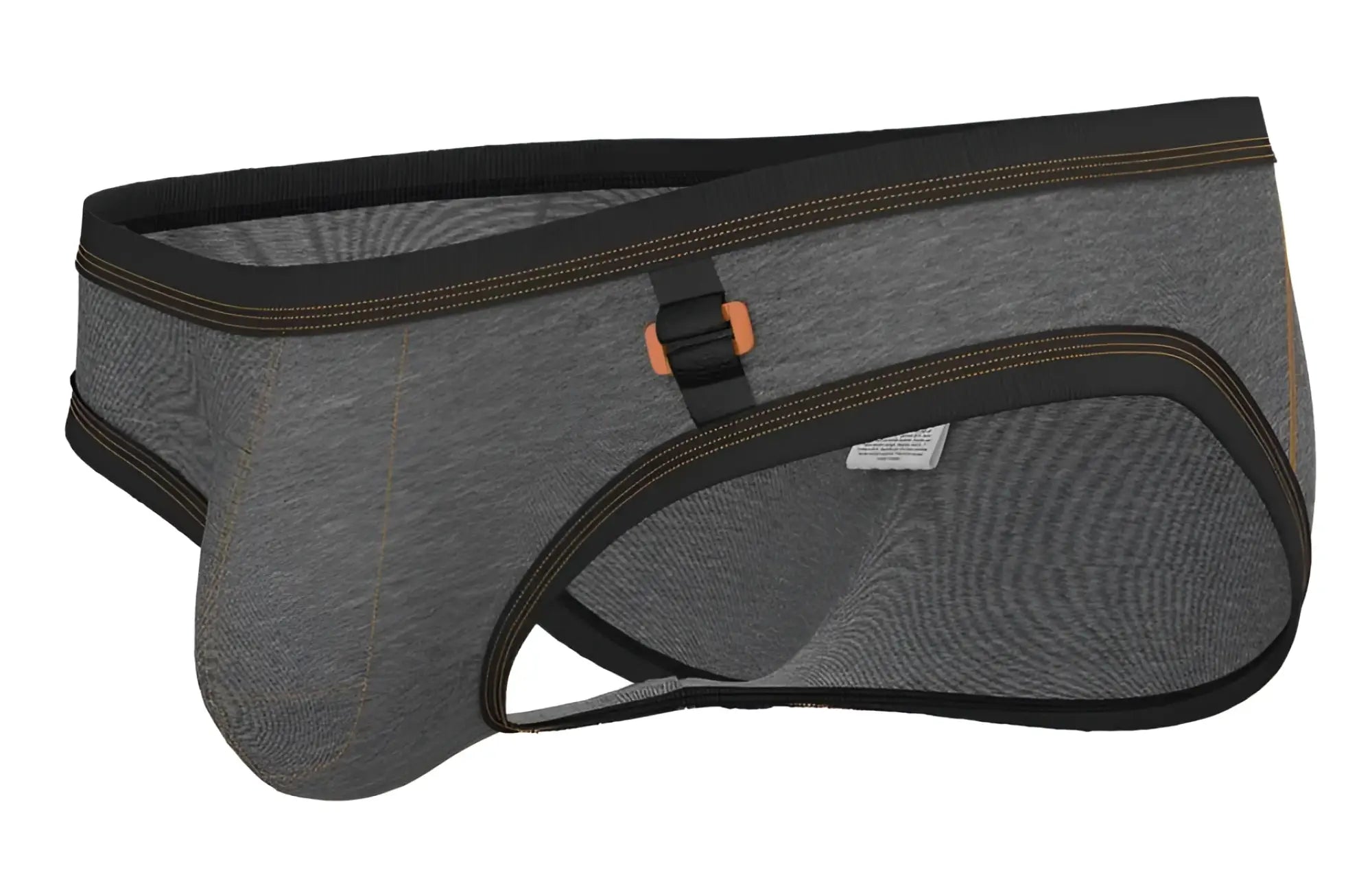 Private structure LCUT4358 barn boy low rise mini brief in stone gray textured fabric with black trim and orange buckle