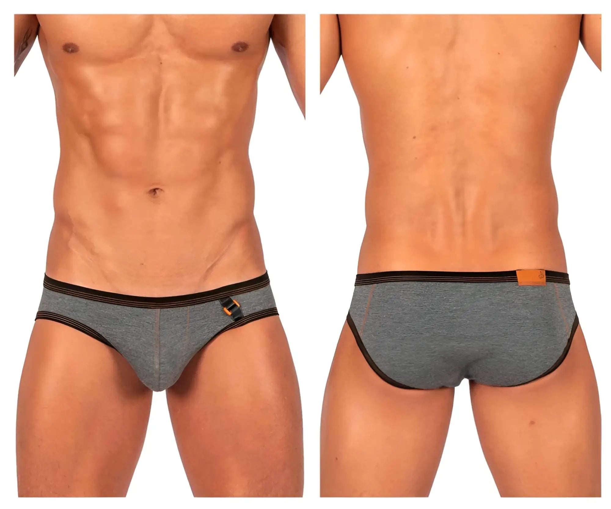 Private structure lcut4358 barn boy low rise mini briefs in stone gray heathered fabric with black trim and orange buckle detail