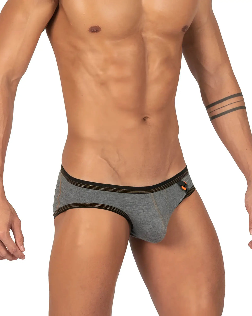 Private structure barn boy low rise mini brief in stone gray heathered fabric with black trim and orange logo on the side